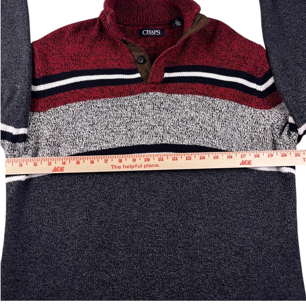 Chaps Men's Striped Button Mock‎ Neck Sweater Red Black White Cabin Core Large